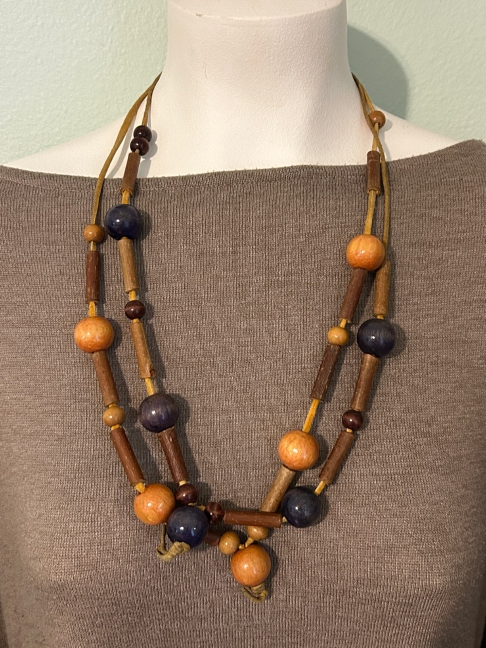 Wooden Bead Necklace set in Brown, Tan & Blue tribal vibes